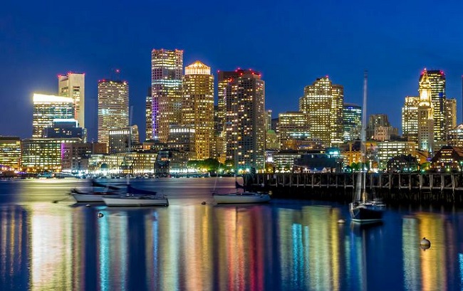 Boston Harbor - Boston Skyline at Night